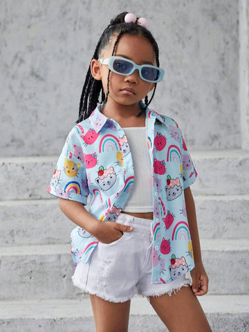 Young Girl Woven Solid Color Loose Casual Shirt With Letter Graffiti Design