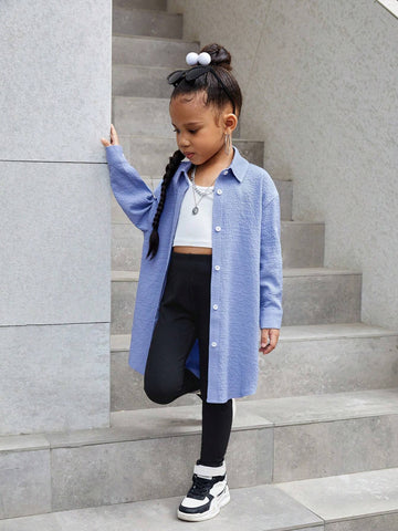 Young Girl Woven Solid Color Loose Casual Turndown Collar Casual Shirt Dress