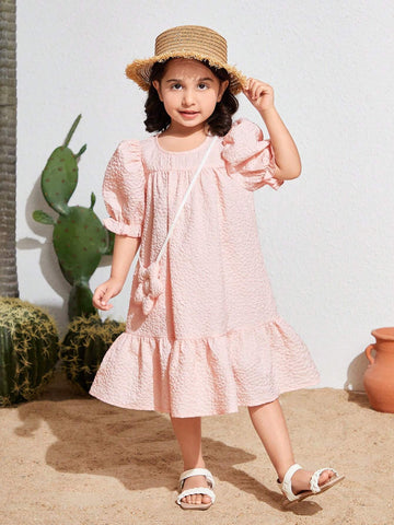 Young Girl Woven Solid Color Loose Fit Bubble Sleeve Casual Dress With Crossbody Bag