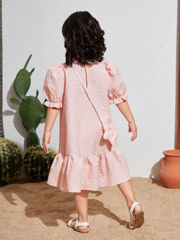 Young Girl Woven Solid Color Loose Fit Bubble Sleeve Casual Dress With Crossbody Bag