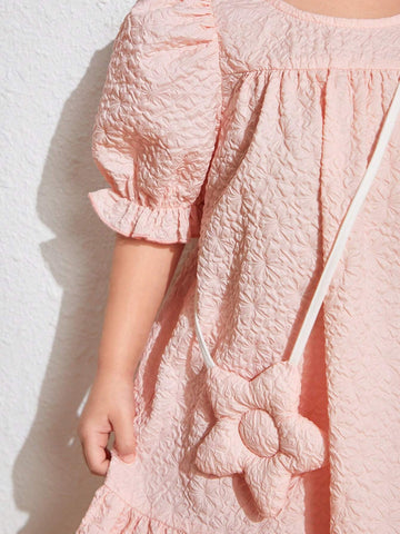 Young Girl Woven Solid Color Loose Fit Bubble Sleeve Casual Dress With Crossbody Bag