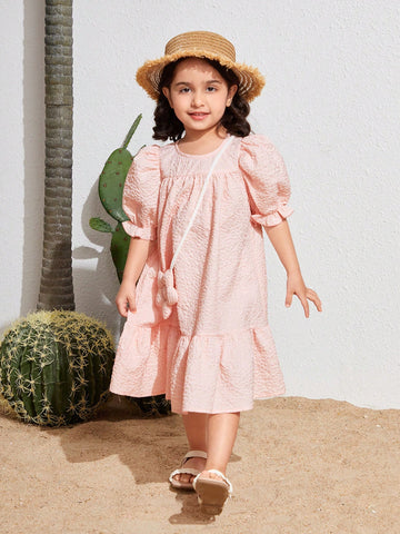 Young Girl Woven Solid Color Loose Fit Bubble Sleeve Casual Dress With Crossbody Bag