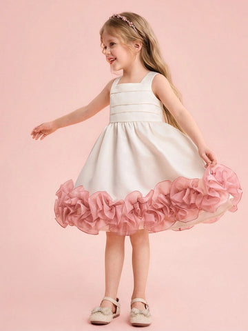 Young Girl Woven Solid Color Mesh 3D Flower Slip Dress