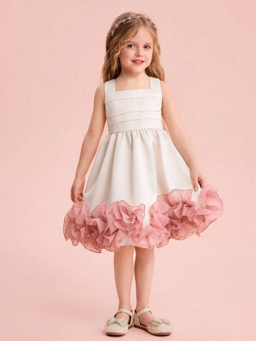 Young Girl Woven Solid Color Mesh 3D Flower Slip Dress