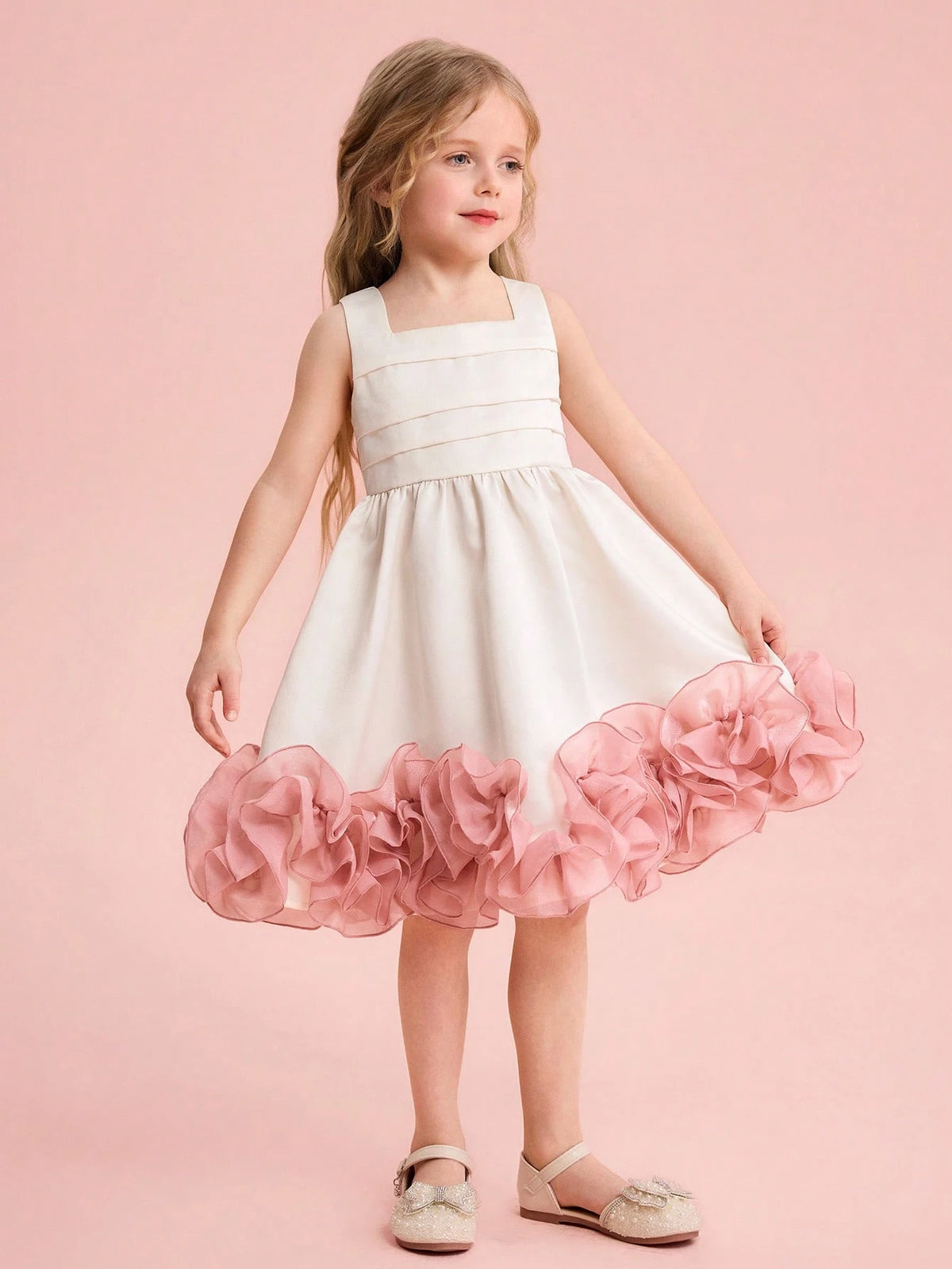 Young Girl Woven Solid Color Mesh 3D Flower Slip Dress