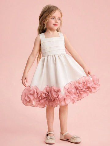 Young Girl Woven Solid Color Mesh 3D Flower Slip Dress