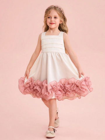 Young Girl Woven Solid Color Mesh 3D Flower Slip Dress