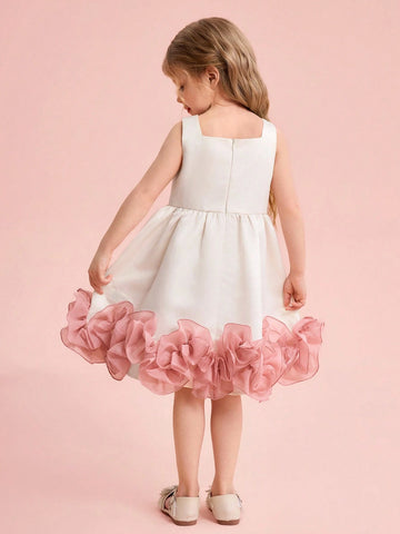 Young Girl Woven Solid Color Mesh 3D Flower Slip Dress