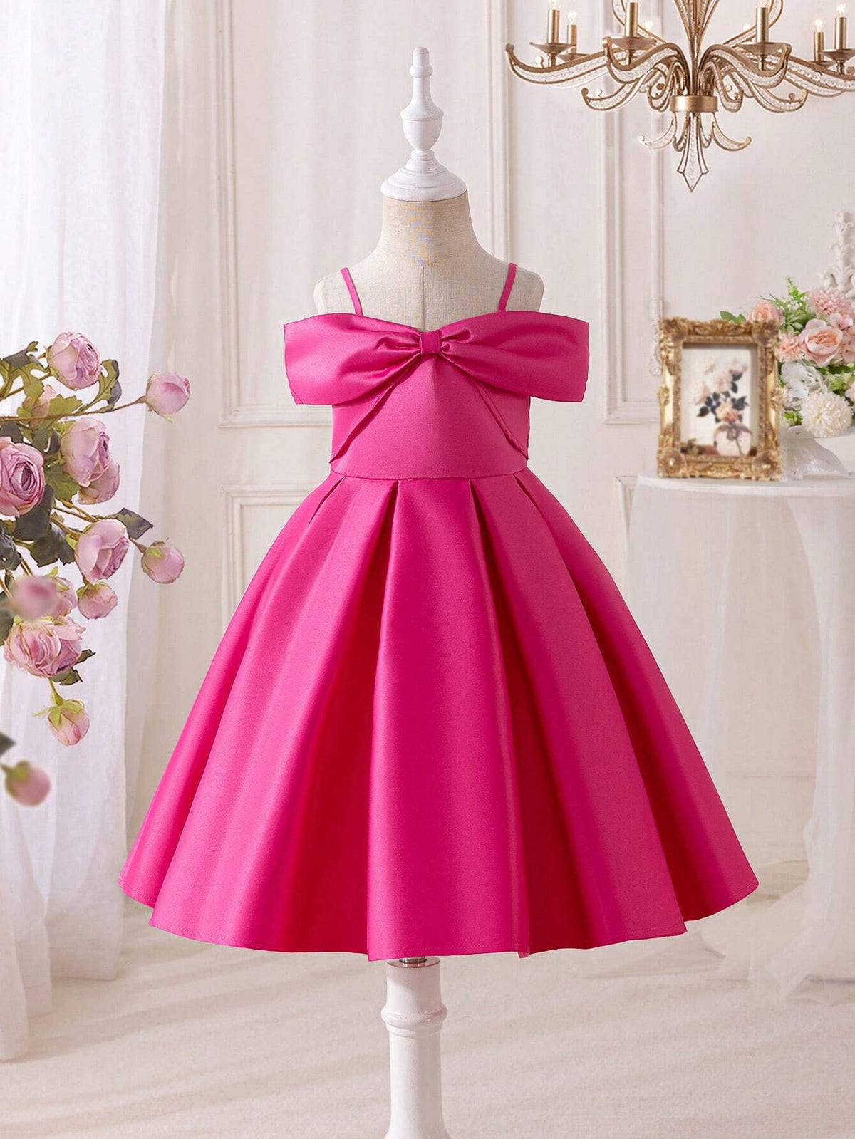 Young Girl Woven Solid Color Off Shoulder Slim-Fit Elegant Dress
