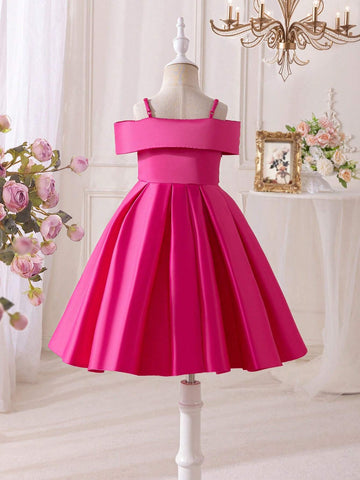 Young Girl Woven Solid Color Off Shoulder Slim-Fit Elegant Dress