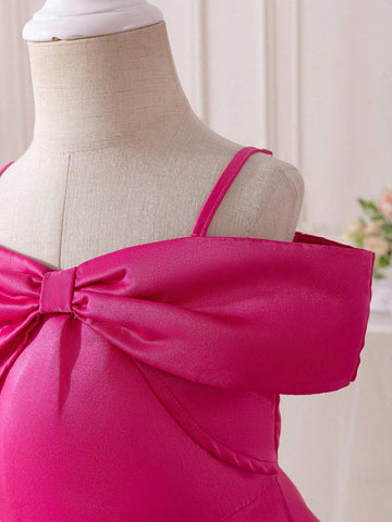 Young Girl Woven Solid Color Off Shoulder Slim-Fit Elegant Dress