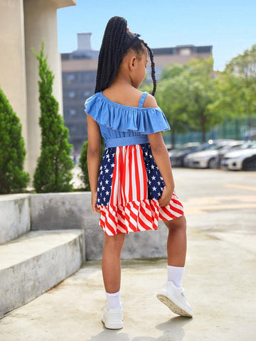 Young Girl Woven Solid Color One Shoulder Strap Dress With Ruffle Trim, Star & Stripe Pattern, Casual & Stylish