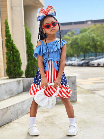 Young Girl Woven Solid Color One Shoulder Strap Dress With Ruffle Trim, Star & Stripe Pattern, Casual & Stylish
