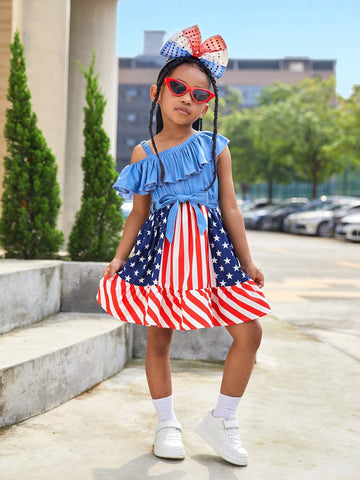 Young Girl Woven Solid Color One Shoulder Strap Dress With Ruffle Trim, Star & Stripe Pattern, Casual & Stylish