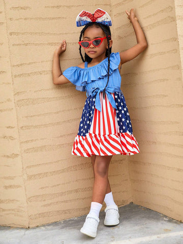 Young Girl Woven Solid Color One Shoulder Strap Dress With Ruffle Trim, Star & Stripe Pattern, Casual & Stylish