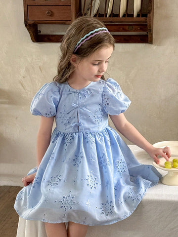 Young Girl Woven Solid Color Openwork Jacquard Round Neck Puff Sleeve Fitted Dress
