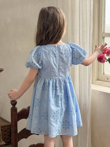 Young Girl Woven Solid Color Openwork Jacquard Round Neck Puff Sleeve Fitted Dress