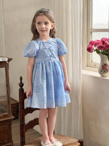 Young Girl Woven Solid Color Openwork Jacquard Round Neck Puff Sleeve Fitted Dress