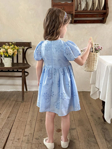 Young Girl Woven Solid Color Openwork Jacquard Round Neck Puff Sleeve Fitted Dress