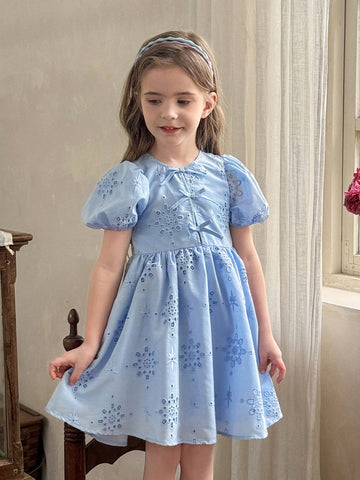 Young Girl Woven Solid Color Openwork Jacquard Round Neck Puff Sleeve Fitted Dress