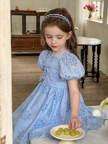 Young Girl Woven Solid Color Openwork Jacquard Round Neck Puff Sleeve Fitted Dress