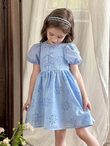 Young Girl Woven Solid Color Openwork Jacquard Round Neck Puff Sleeve Fitted Dress