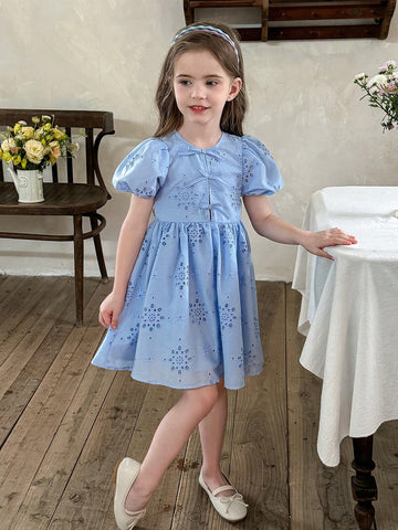 Young Girl Woven Solid Color Openwork Jacquard Round Neck Puff Sleeve Fitted Dress