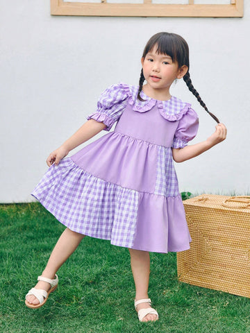 Young Girl Woven Solid Color Patchwork Checkered Doll Collar Puff Sleeve Loose Casual Dress