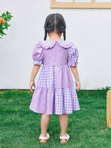 Young Girl Woven Solid Color Patchwork Checkered Doll Collar Puff Sleeve Loose Casual Dress