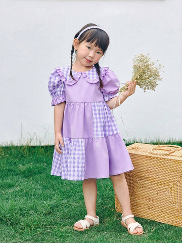 Young Girl Woven Solid Color Patchwork Checkered Doll Collar Puff Sleeve Loose Casual Dress