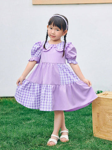 Young Girl Woven Solid Color Patchwork Checkered Doll Collar Puff Sleeve Loose Casual Dress