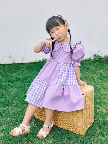 Young Girl Woven Solid Color Patchwork Checkered Doll Collar Puff Sleeve Loose Casual Dress