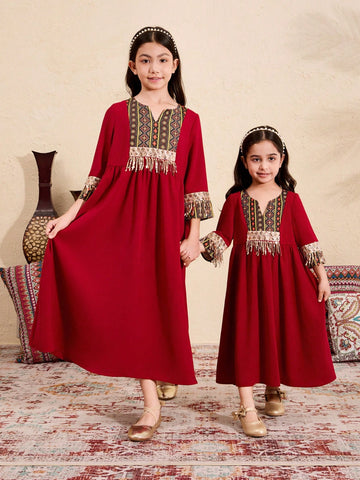 Young Girl Woven Solid Color Patchwork Floral Splicing Casual Holiday Dress