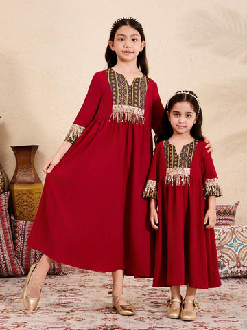 Young Girl Woven Solid Color Patchwork Floral Splicing Casual Holiday Dress