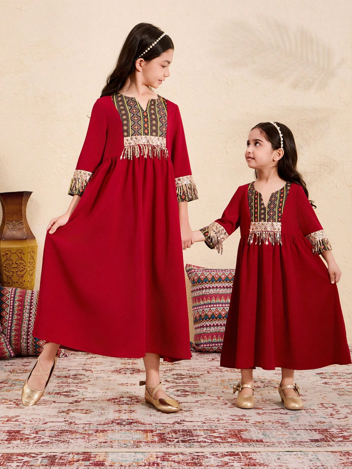 Young Girl Woven Solid Color Patchwork Floral Splicing Casual Holiday Dress