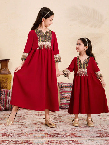 Young Girl Woven Solid Color Patchwork Floral Splicing Casual Holiday Dress