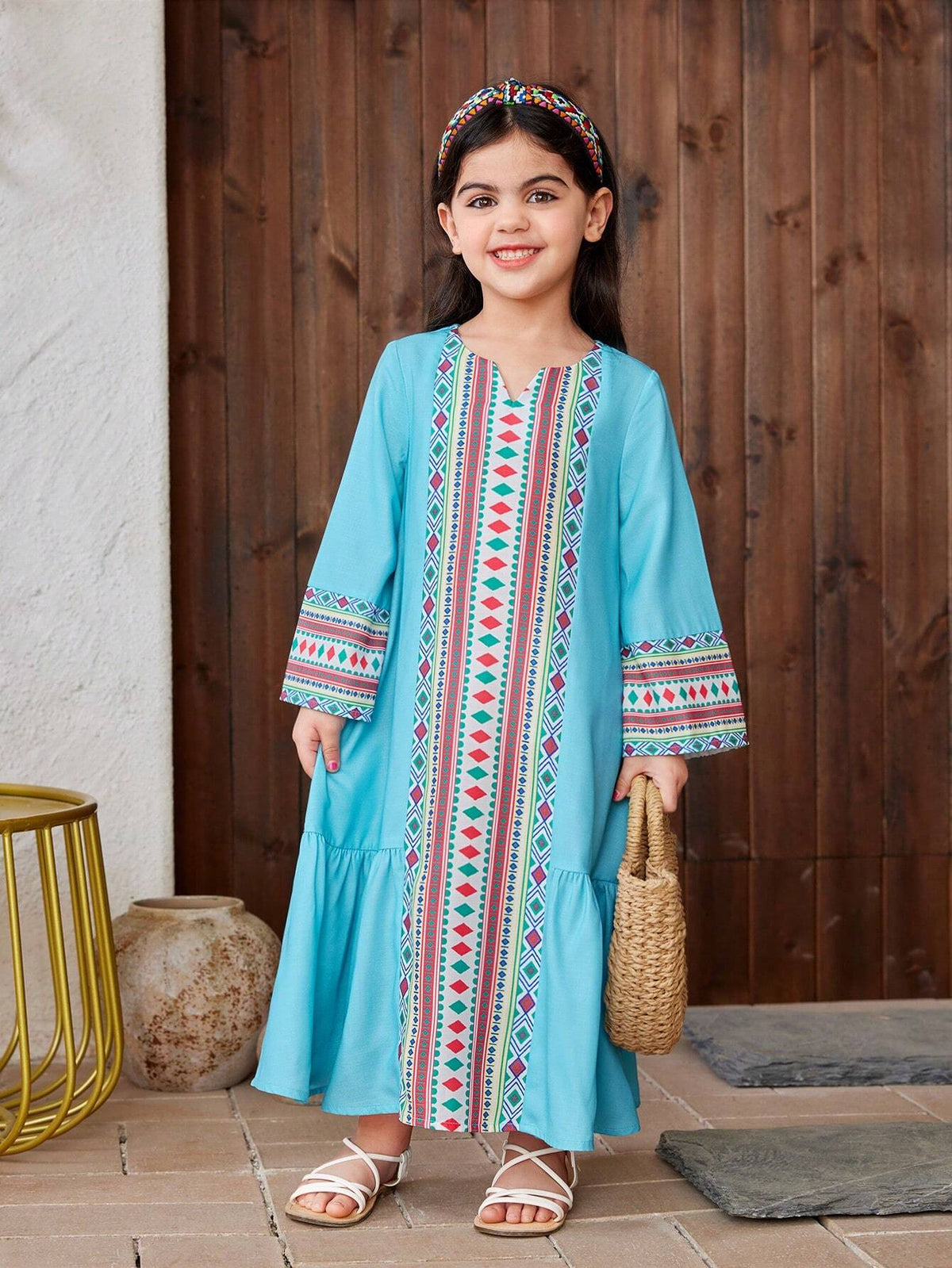 Young Girl Woven Solid Color Patchwork Geometric Pattern Loose Casual Dress