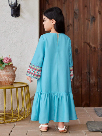 Young Girl Woven Solid Color Patchwork Geometric Pattern Loose Casual Dress