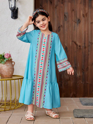 Young Girl Woven Solid Color Patchwork Geometric Pattern Loose Casual Dress
