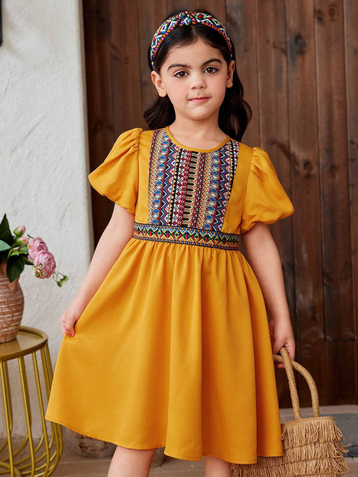 Young Girl Woven Solid Color Patchwork Geometric Pattern Round Neck Bubble Sleeve Loose Casual Dress