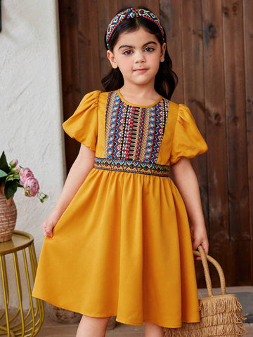 Young Girl Woven Solid Color Patchwork Geometric Pattern Round Neck Bubble Sleeve Loose Casual Dress