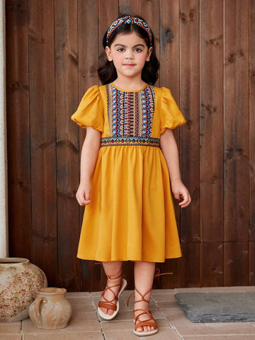 Young Girl Woven Solid Color Patchwork Geometric Pattern Round Neck Bubble Sleeve Loose Casual Dress