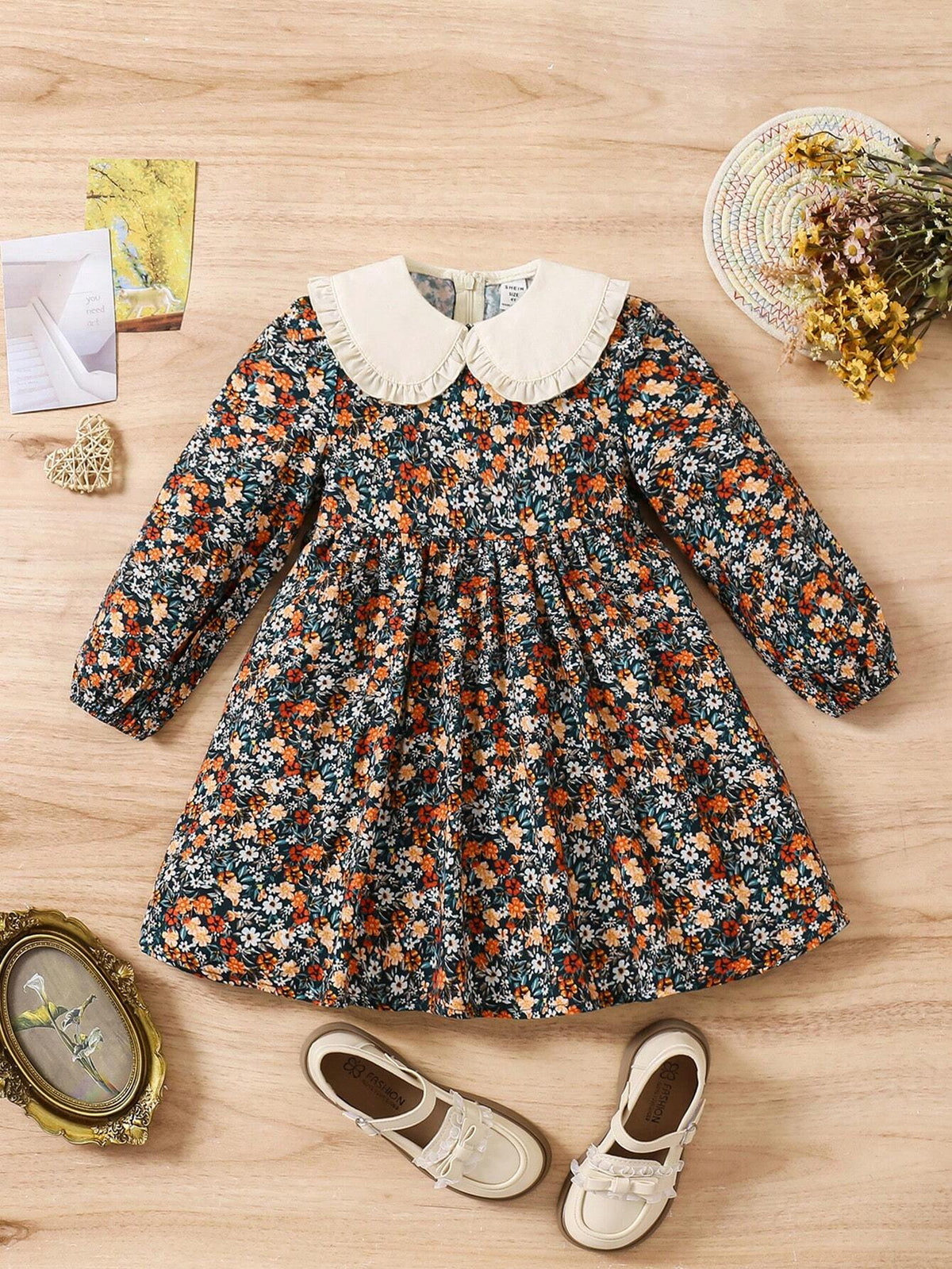 Young Girl Woven Solid Color Peter Pan Collar Color Block & Ditsy Floral Patchwork Dress