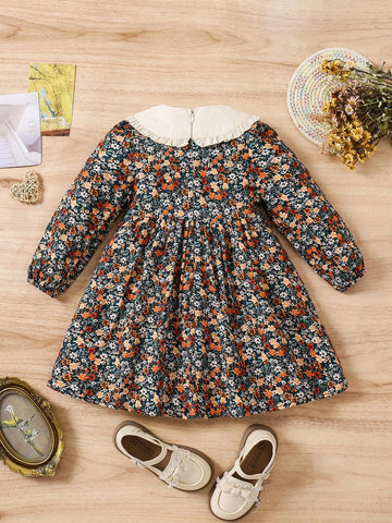 Young Girl Woven Solid Color Peter Pan Collar Color Block & Ditsy Floral Patchwork Dress