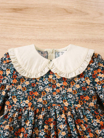 Young Girl Woven Solid Color Peter Pan Collar Color Block & Ditsy Floral Patchwork Dress