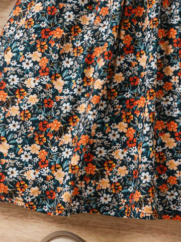 Young Girl Woven Solid Color Peter Pan Collar Color Block & Ditsy Floral Patchwork Dress