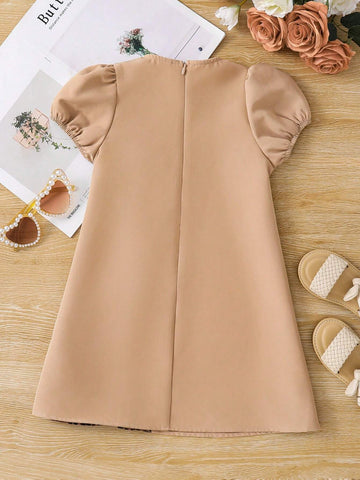 Young Girl Woven Solid Color Plaid Patch Bowknot Decor Midi Dress