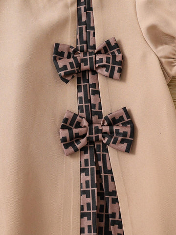 Young Girl Woven Solid Color Plaid Patch Bowknot Decor Midi Dress