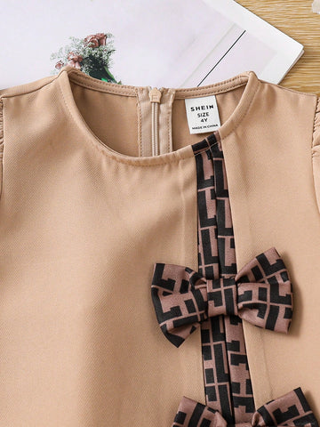 Young Girl Woven Solid Color Plaid Patch Bowknot Decor Midi Dress