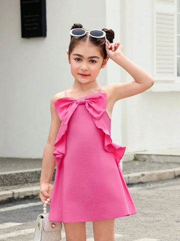 Young Girl Woven Solid Color Pleated Bowknot Halter Casual Dress